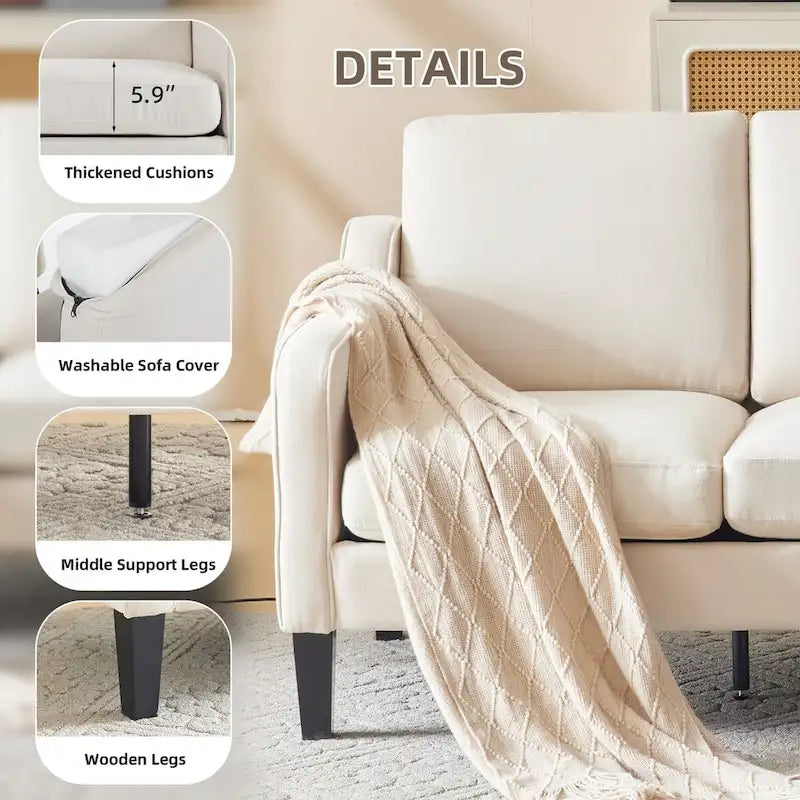 Canapé 3 places Erommy, canapé de 183 cm pour salon, canapé moderne en tissu avec 4 pieds en bois, 2 tiges de support en métal pour chambre à coucher
