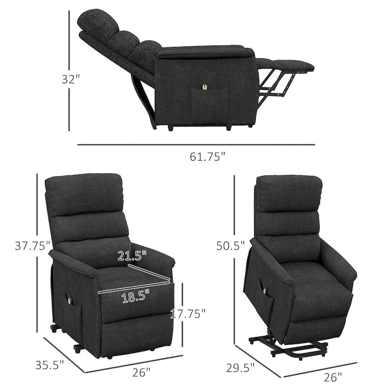 Fauteuil inclinable releveur électrique HOMCOM pour personnes âgées, montage facile, fauteuil releveur en tissu avec télécommande, poches latérales pour salon