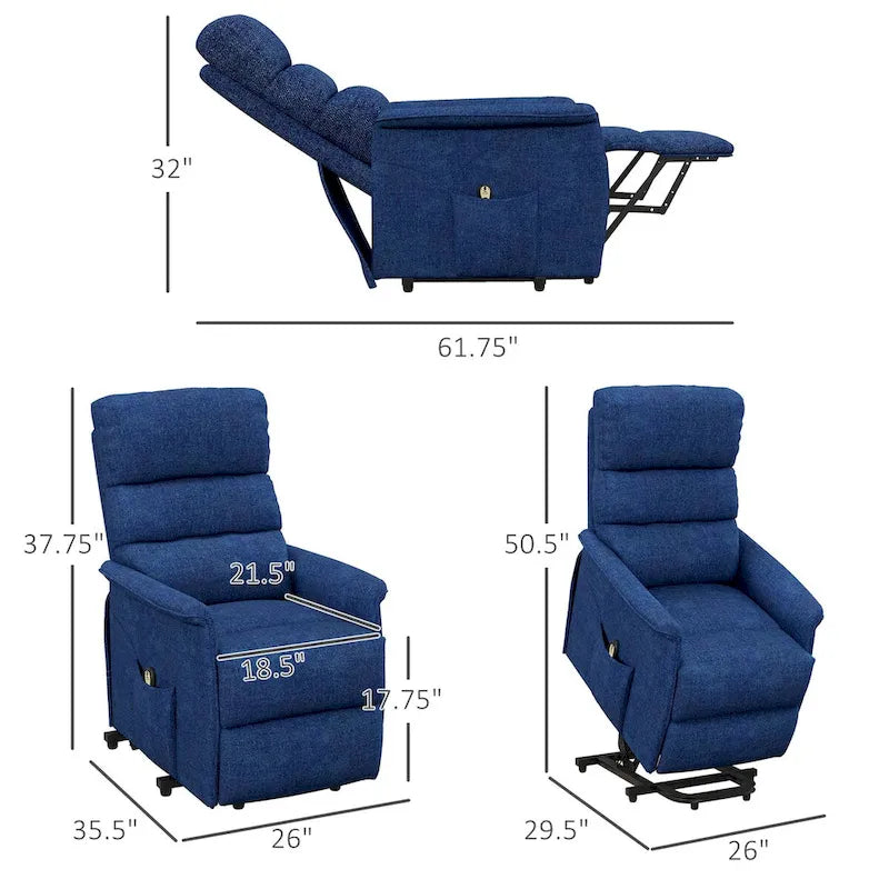 Fauteuil inclinable releveur électrique HOMCOM pour personnes âgées, montage facile, fauteuil releveur en tissu avec télécommande, poches latérales pour salon