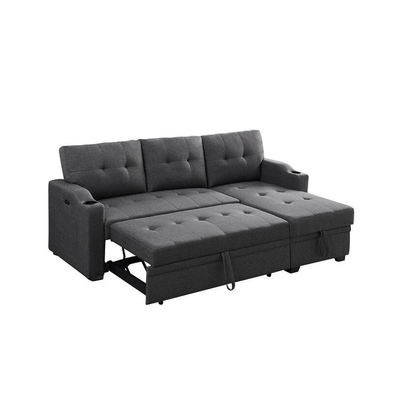 Canapé d'angle convertible Mabel gris foncé de 83 pouces avec porte-gobelet, port de chargement USB et pochette - 83 larg. x 54 prof. x 35 haut.