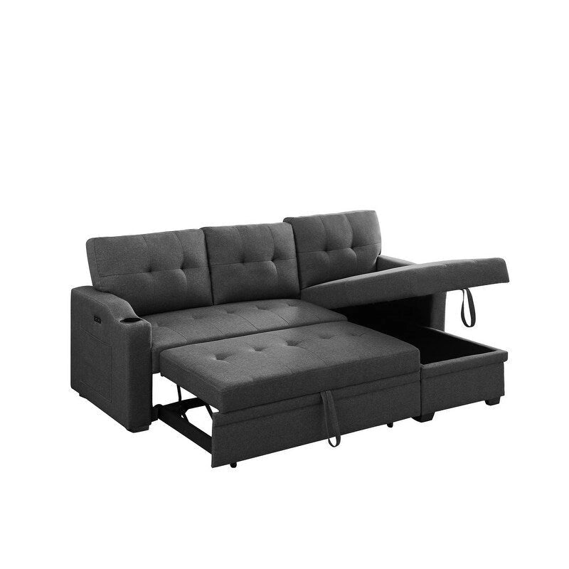 Canapé d'angle convertible Mabel gris foncé de 83 pouces avec porte-gobelet, port de chargement USB et pochette - 83 larg. x 54 prof. x 35 haut.