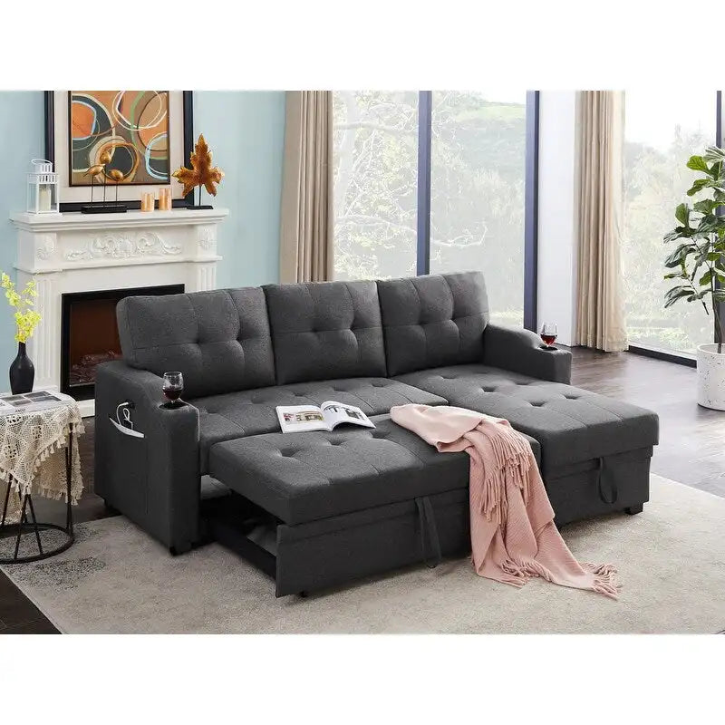 Canapé d'angle convertible Mabel gris foncé de 83 pouces avec porte-gobelet, port de chargement USB et pochette - 83 larg. x 54 prof. x 35 haut.