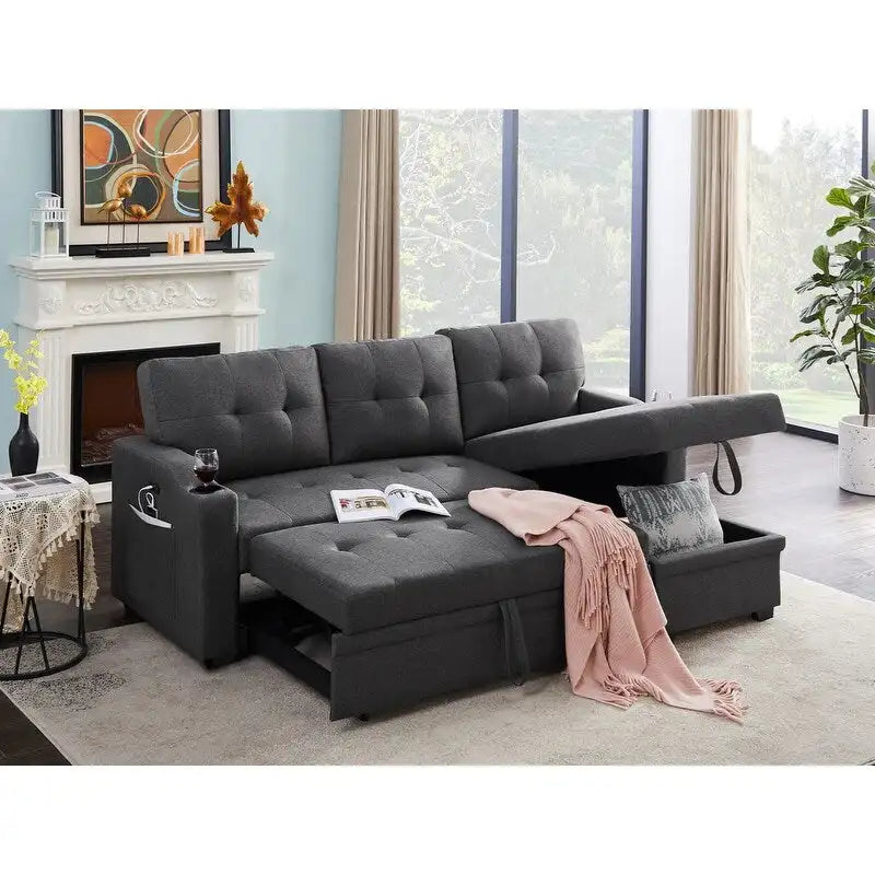 Canapé d'angle convertible Mabel gris foncé de 83 pouces avec porte-gobelet, port de chargement USB et pochette - 83 larg. x 54 prof. x 35 haut.