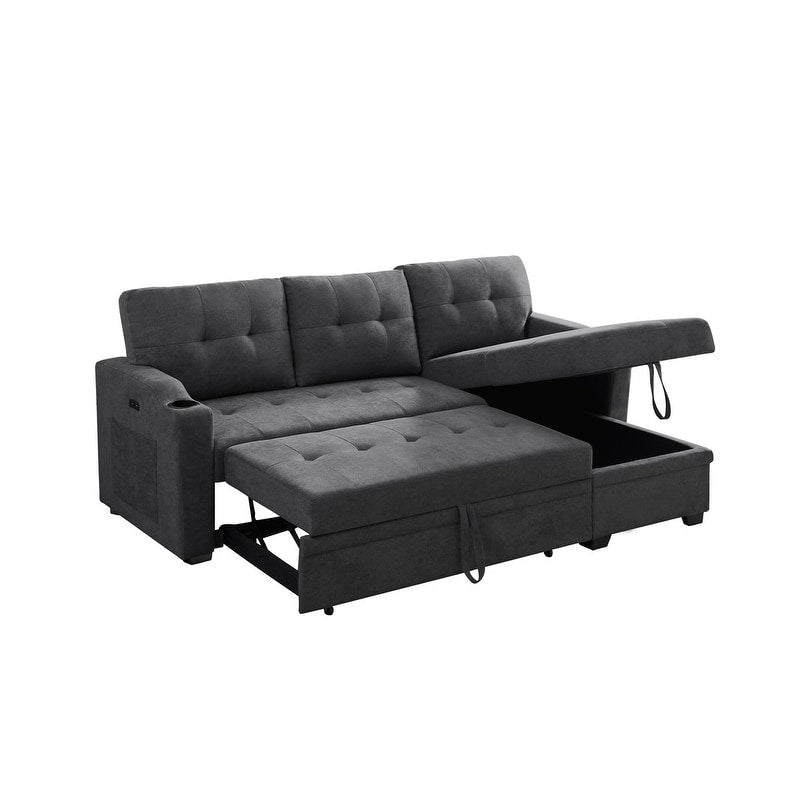 Canapé-lit d'angle en tissu tissé gris foncé avec porte-gobelets, ports de charge USB et poches