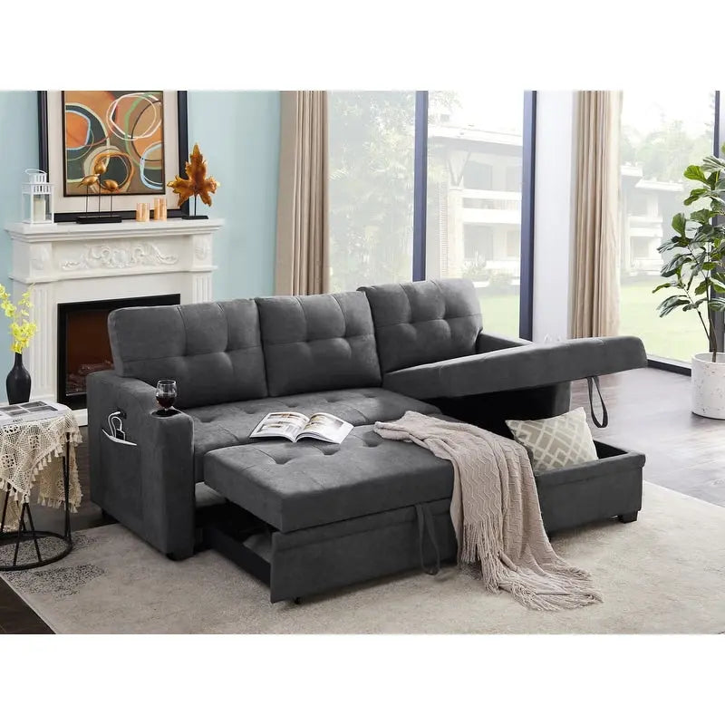 Canapé-lit d'angle en tissu tissé gris foncé avec porte-gobelets, ports de charge USB et poches