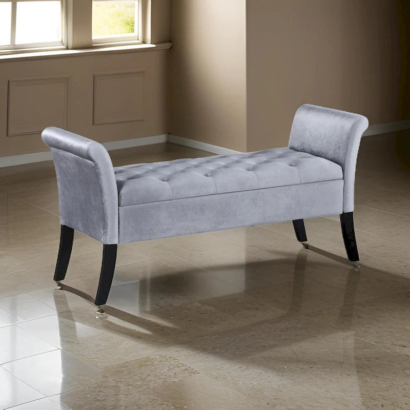 Banc de rangement Ako de 52 po, capitonnage à boutons, accoudoirs évasés, revêtement gris