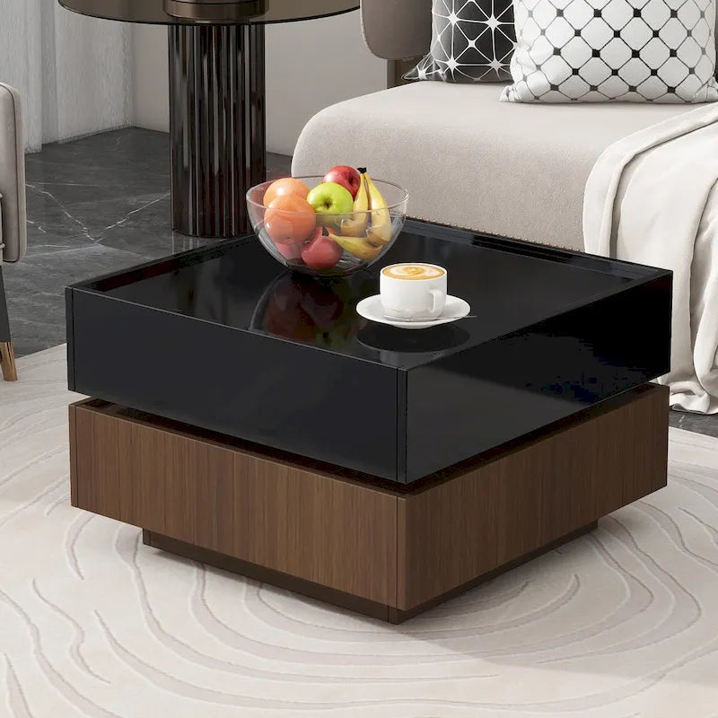 Table basse carrée rotative à 360° avec 2 tiroirs, table basse centrale à 2 niveaux brillante avec rangement, table d'appoint pour salon