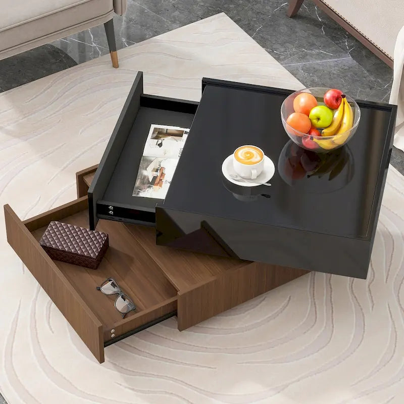 Table basse carrée rotative à 360° avec 2 tiroirs, table basse centrale à 2 niveaux brillante avec rangement, table d'appoint pour salon