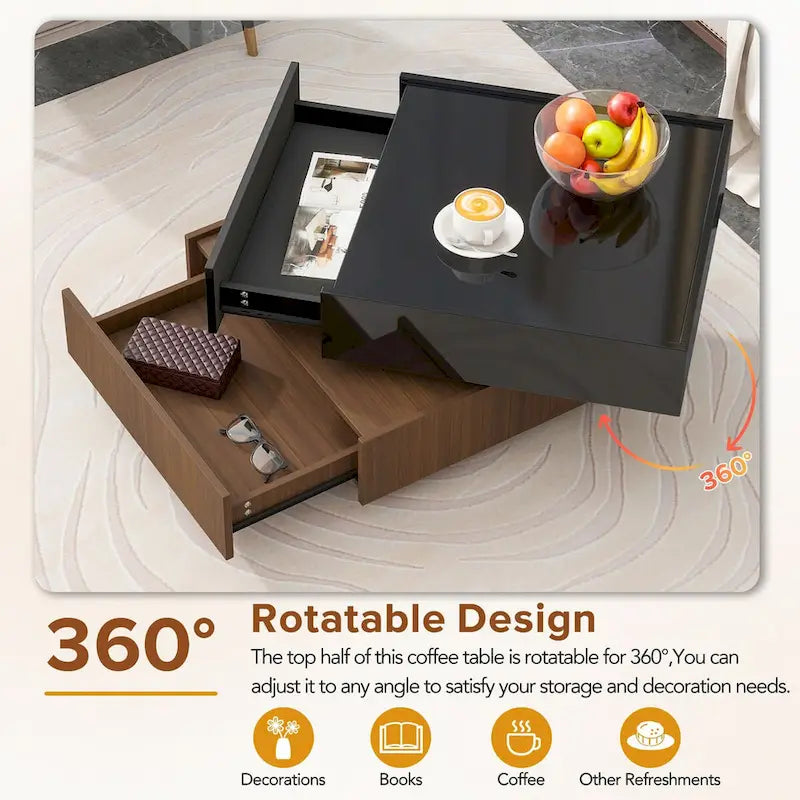 Table basse carrée rotative à 360° avec 2 tiroirs, table basse centrale à 2 niveaux brillante avec rangement, table d'appoint pour salon