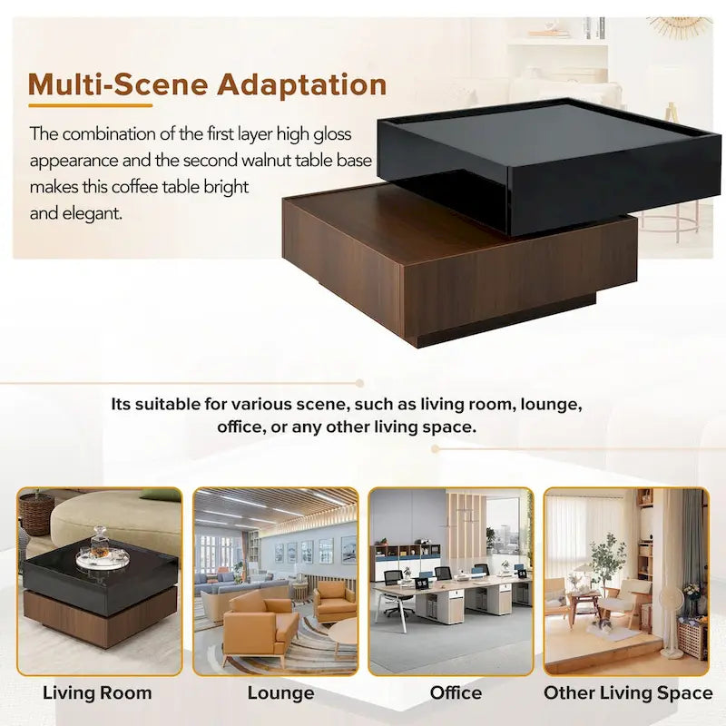 Table basse carrée rotative à 360° avec 2 tiroirs, table basse centrale à 2 niveaux brillante avec rangement, table d'appoint pour salon