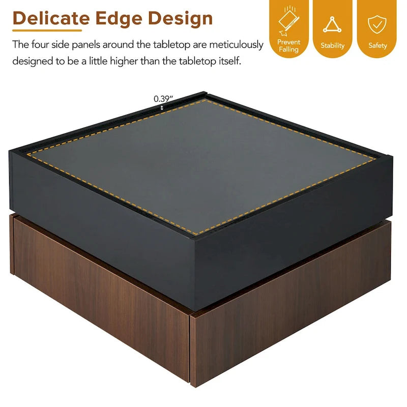 Table basse carrée rotative à 360° avec 2 tiroirs, table basse centrale à 2 niveaux brillante avec rangement, table d'appoint pour salon