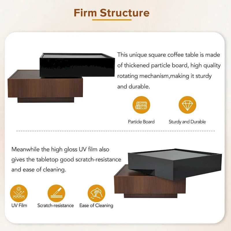 Table basse carrée rotative à 360° avec 2 tiroirs, table basse centrale à 2 niveaux brillante avec rangement, table d'appoint pour salon