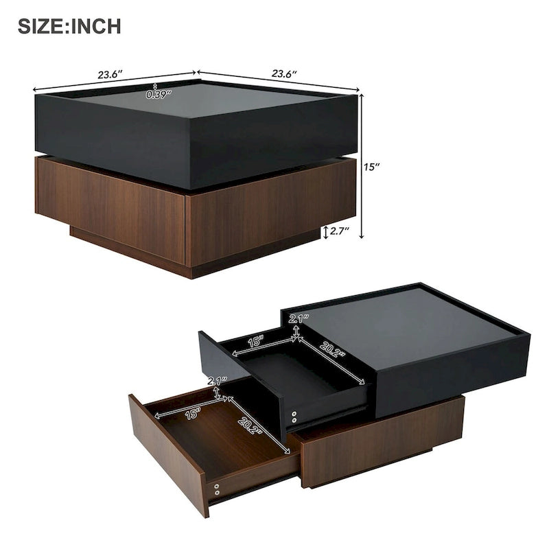 Table basse carrée rotative à 360° avec 2 tiroirs, table basse centrale à 2 niveaux brillante avec rangement, table d'appoint pour salon