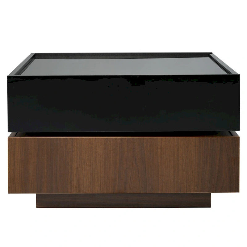 Table basse carrée rotative à 360° avec 2 tiroirs, table basse centrale à 2 niveaux brillante avec rangement, table d'appoint pour salon