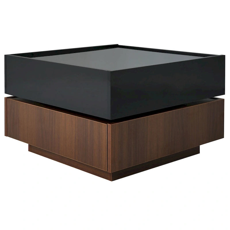 Table basse carrée rotative à 360° avec 2 tiroirs, table basse centrale à 2 niveaux brillante avec rangement, table d'appoint pour salon