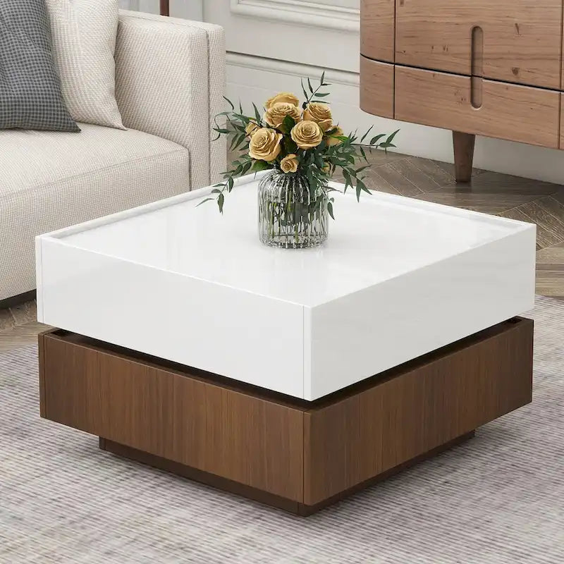 Table basse carrée rotative à 360° avec 2 tiroirs, table basse centrale à 2 niveaux brillante avec rangement, table d'appoint pour salon