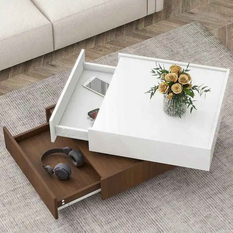Table basse carrée rotative à 360° avec 2 tiroirs, table basse centrale à 2 niveaux brillante avec rangement, table d'appoint pour salon