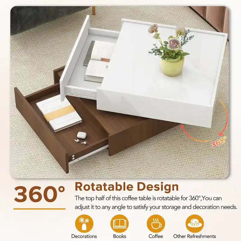 Table basse carrée rotative à 360° avec 2 tiroirs, table basse centrale à 2 niveaux brillante avec rangement, table d'appoint pour salon