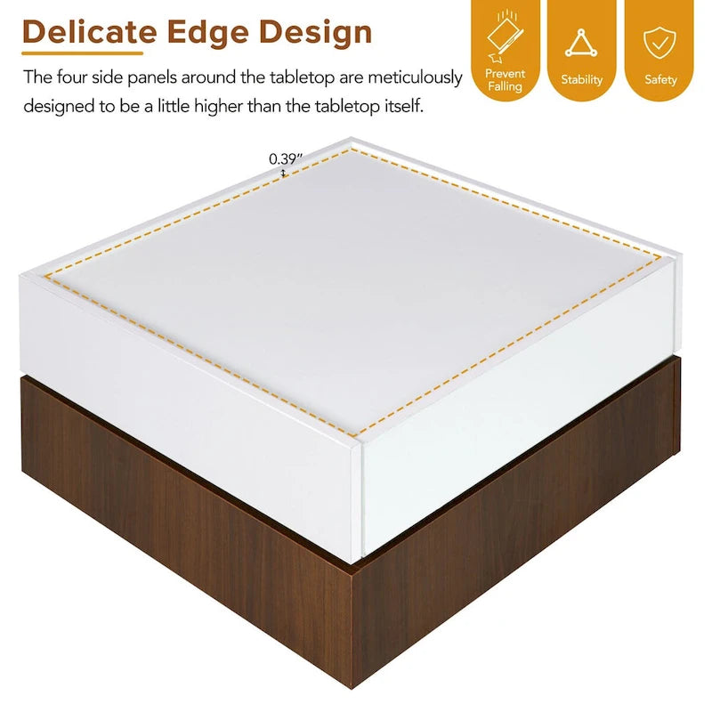 Table basse carrée rotative à 360° avec 2 tiroirs, table basse centrale à 2 niveaux brillante avec rangement, table d'appoint pour salon