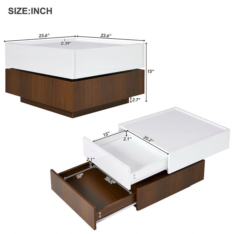 Table basse carrée rotative à 360° avec 2 tiroirs, table basse centrale à 2 niveaux brillante avec rangement, table d'appoint pour salon