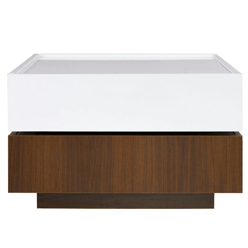 Table basse carrée rotative à 360° avec 2 tiroirs, table basse centrale à 2 niveaux brillante avec rangement, table d'appoint pour salon