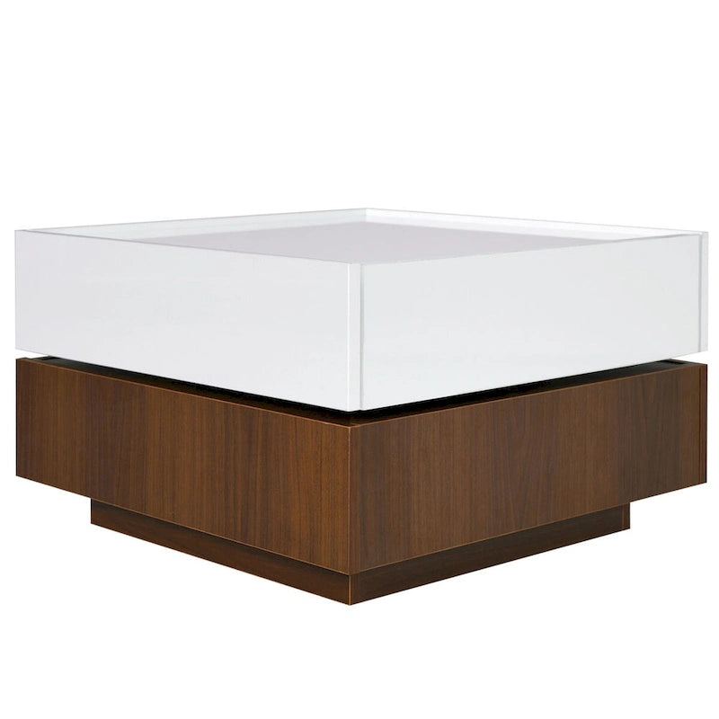 Table basse carrée rotative à 360° avec 2 tiroirs, table basse centrale à 2 niveaux brillante avec rangement, table d'appoint pour salon