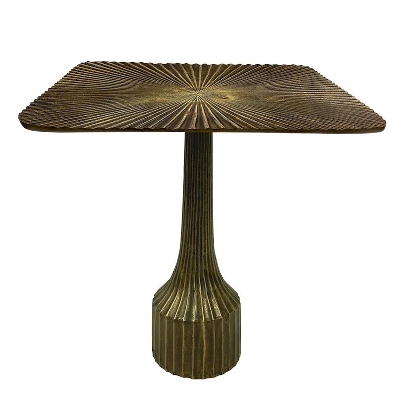 Table d'appoint de 45 cm, base cannelée décorative, plateau carré, finition laiton antique
