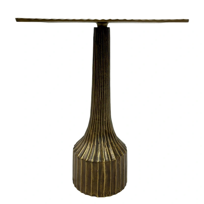 Table d'appoint de 45 cm, base cannelée décorative, plateau carré, finition laiton antique