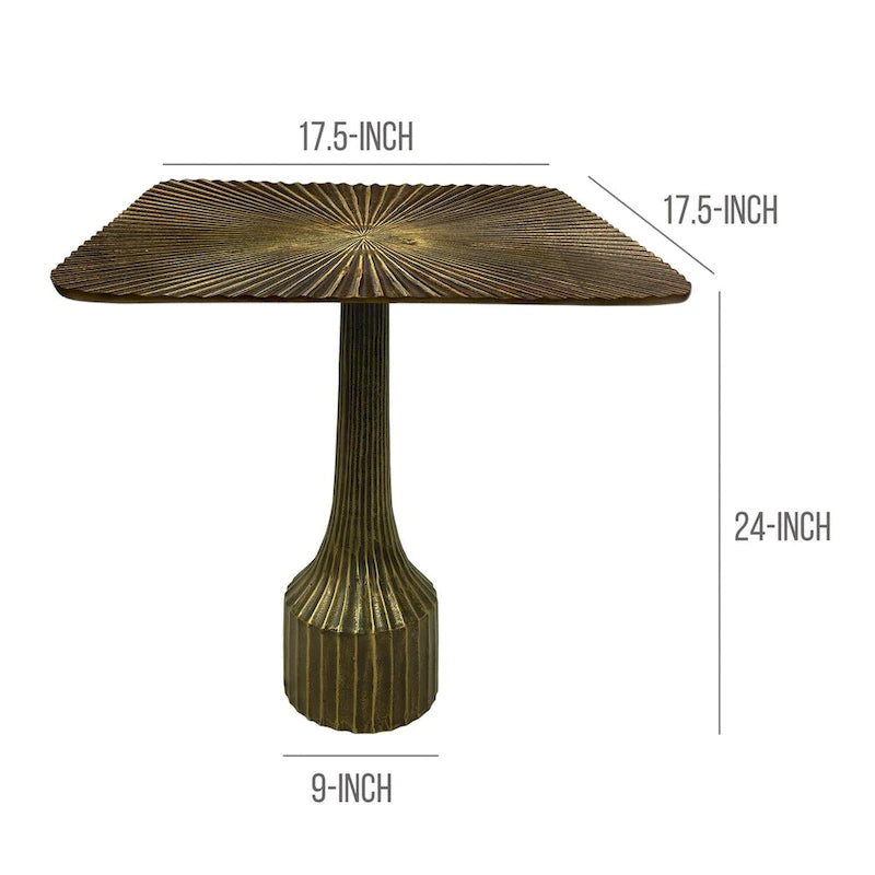 Table d'appoint de 45 cm, base cannelée décorative, plateau carré, finition laiton antique