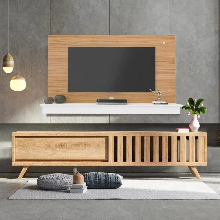 Meuble TV suspendu pour téléviseurs jusqu'à 55 pouces, panneau mural TV avec bande LED et étagère, meuble TV flottant
