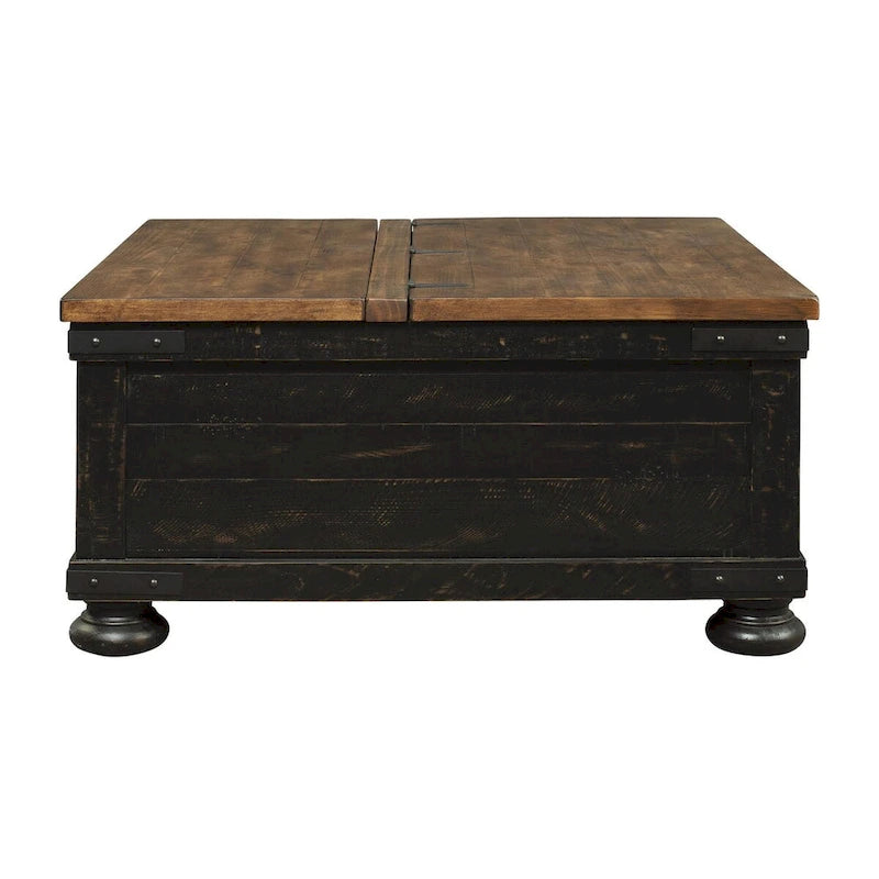 Table basse carrée relevable avec coffre de rangement, marron et noir