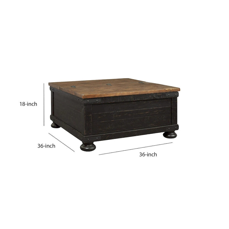 Table basse carrée relevable avec coffre de rangement, marron et noir