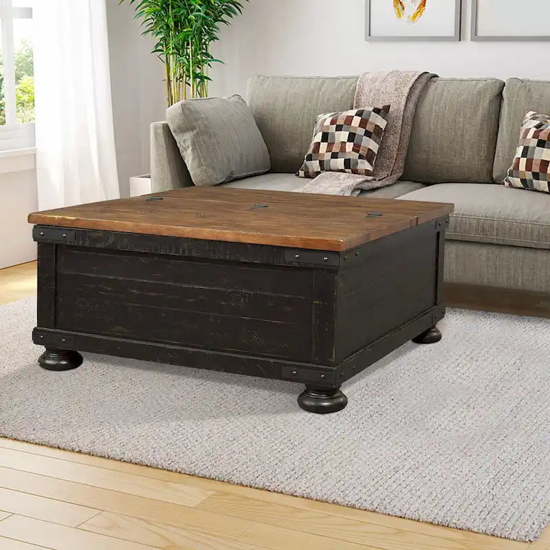 Table basse carrée relevable avec coffre de rangement, marron et noir