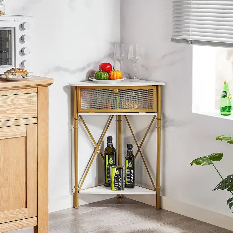 Table d'angle Javlergo avec tiroir et étagère de rangement, meuble bas triangulaire indépendant pour cuisine, salon et chambre
