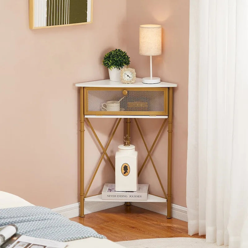 Table d'angle Javlergo avec tiroir et étagère de rangement, meuble bas triangulaire indépendant pour cuisine, salon et chambre
