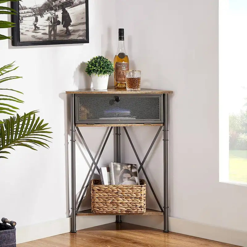 Table d'angle Javlergo avec tiroir et étagère de rangement, meuble bas triangulaire indépendant pour cuisine, salon et chambre