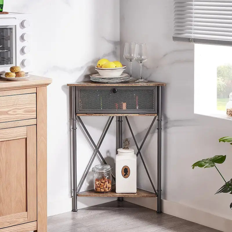Table d'angle Javlergo avec tiroir et étagère de rangement, meuble bas triangulaire indépendant pour cuisine, salon et chambre