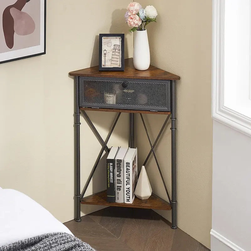 Table d'angle Javlergo avec tiroir et étagère de rangement, meuble bas triangulaire indépendant pour cuisine, salon et chambre