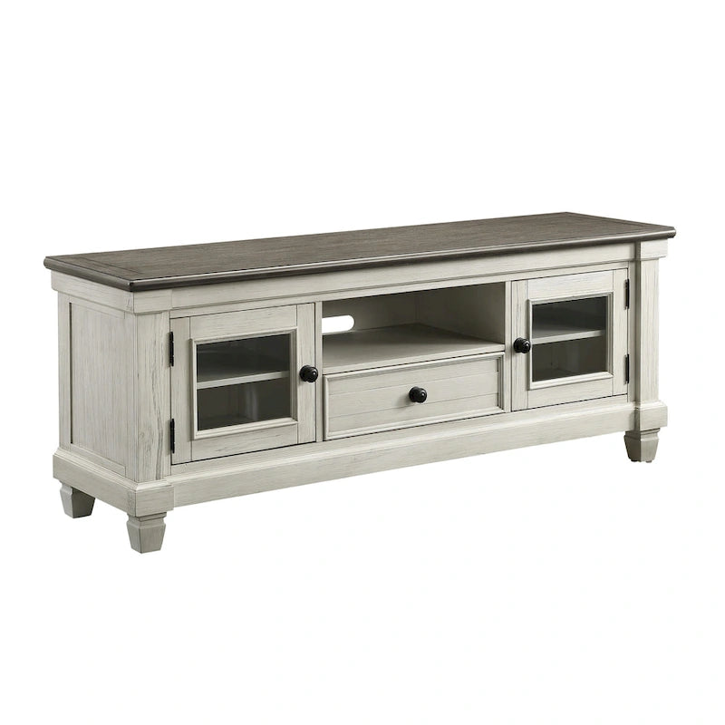 Meuble TV/console multimédia Rome de 64 pouces, blanc, marron, bois massif