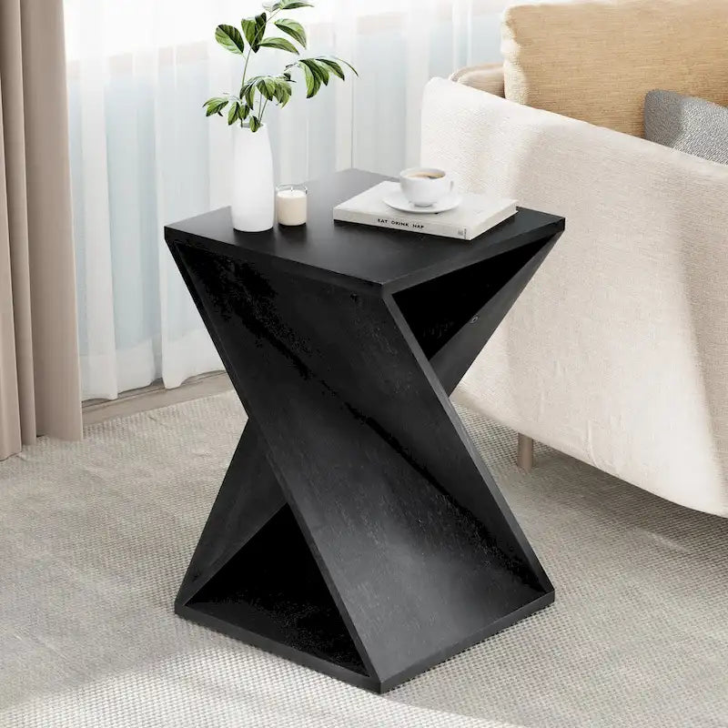 COZAYH Table d'appoint de ferme carrée en bois massif Support à plantes rustique avec motif torsadé, bois naturel, noir