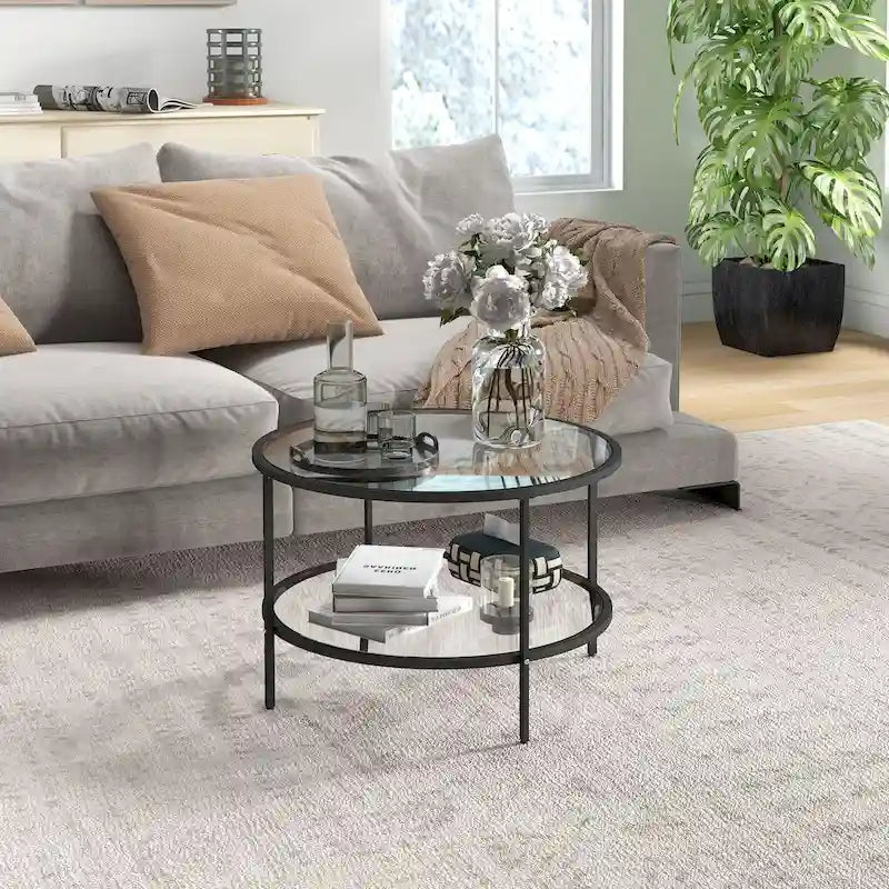 Table d'appoint HOMCOM avec rangement, table d'appoint ronde de 66 cm, table basse à 2 niveaux en verre trempé avec cadre en acier pour salon