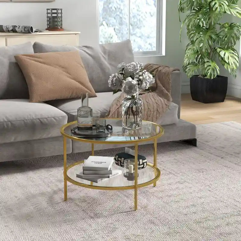 Table d'appoint HOMCOM avec rangement, table d'appoint ronde de 66 cm, table basse à 2 niveaux en verre trempé avec cadre en acier pour salon