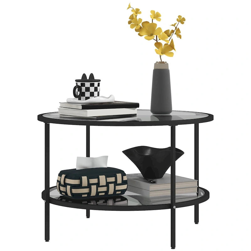 Table d'appoint HOMCOM avec rangement, table d'appoint ronde de 66 cm, table basse à 2 niveaux en verre trempé avec cadre en acier pour salon