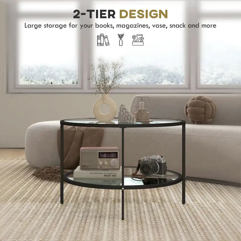 Table d'appoint HOMCOM avec rangement, table d'appoint ronde de 66 cm, table basse à 2 niveaux en verre trempé avec cadre en acier pour salon