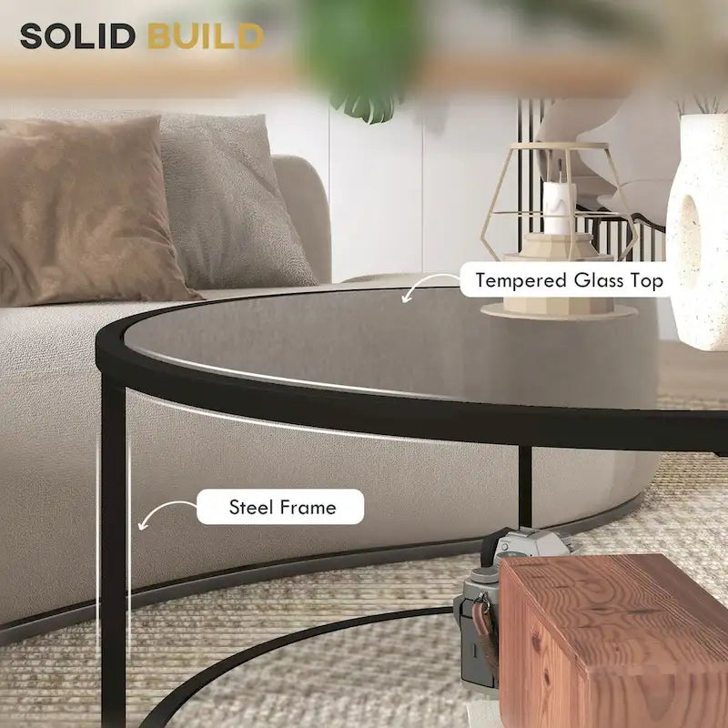 Table d'appoint HOMCOM avec rangement, table d'appoint ronde de 66 cm, table basse à 2 niveaux en verre trempé avec cadre en acier pour salon