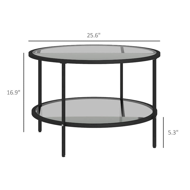 Table d'appoint HOMCOM avec rangement, table d'appoint ronde de 66 cm, table basse à 2 niveaux en verre trempé avec cadre en acier pour salon