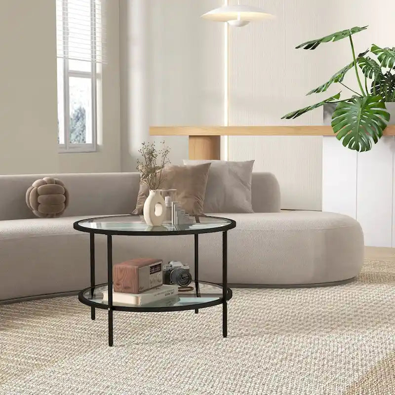 Table d'appoint HOMCOM avec rangement, table d'appoint ronde de 66 cm, table basse à 2 niveaux en verre trempé avec cadre en acier pour salon