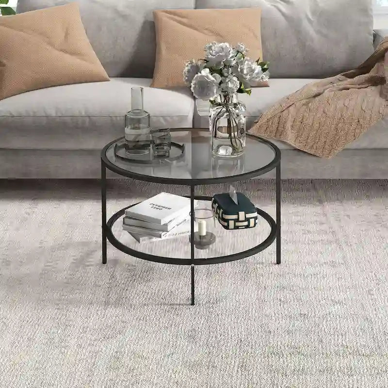 Table d'appoint HOMCOM avec rangement, table d'appoint ronde de 66 cm, table basse à 2 niveaux en verre trempé avec cadre en acier pour salon