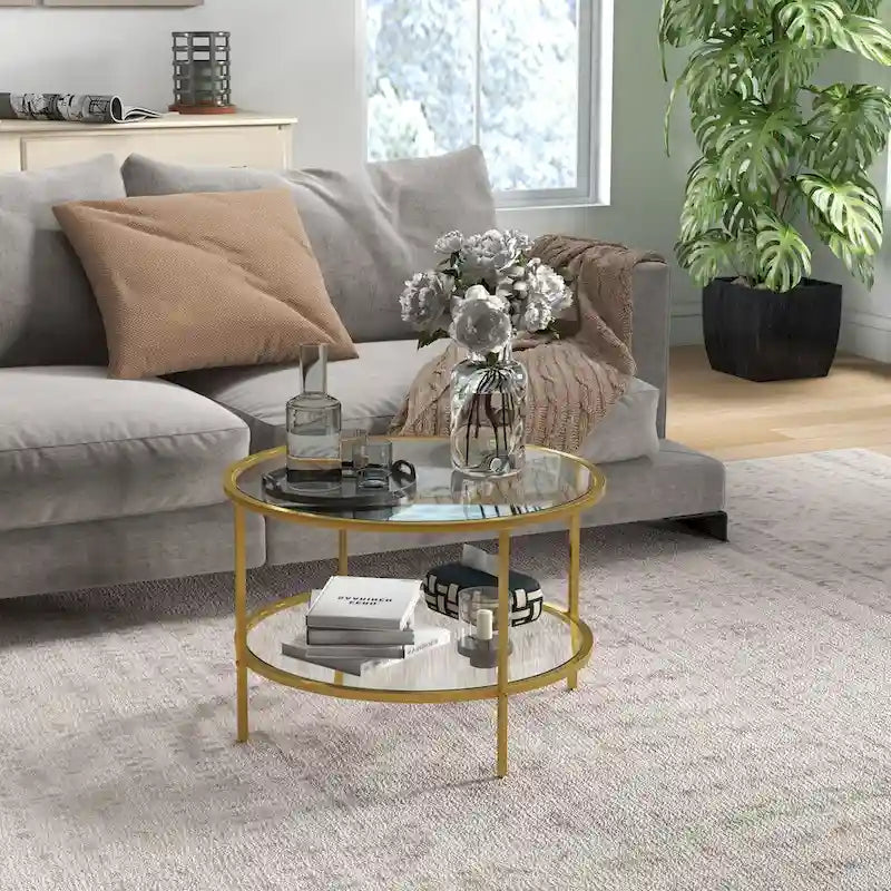 Table d'appoint HOMCOM avec rangement, table d'appoint ronde de 66 cm, table basse à 2 niveaux en verre trempé avec cadre en acier pour salon