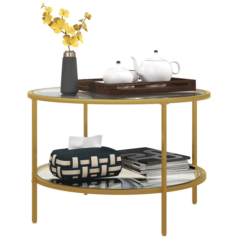 Table d'appoint HOMCOM avec rangement, table d'appoint ronde de 66 cm, table basse à 2 niveaux en verre trempé avec cadre en acier pour salon
